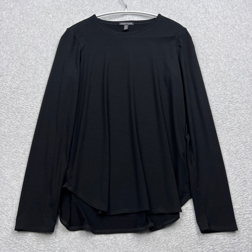 Eileen Fisher Top Womens Medium Black Long Sleeve High Low Hem Viscose Stretch